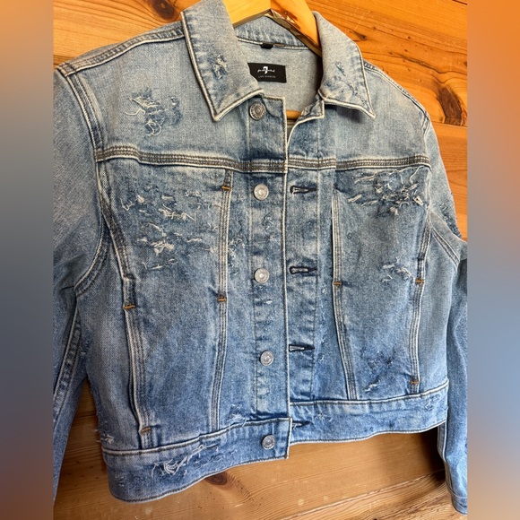 RETAIL $248 Seven for all mankind distressed cropped Jean jacket light denim - Picture 5 of 9